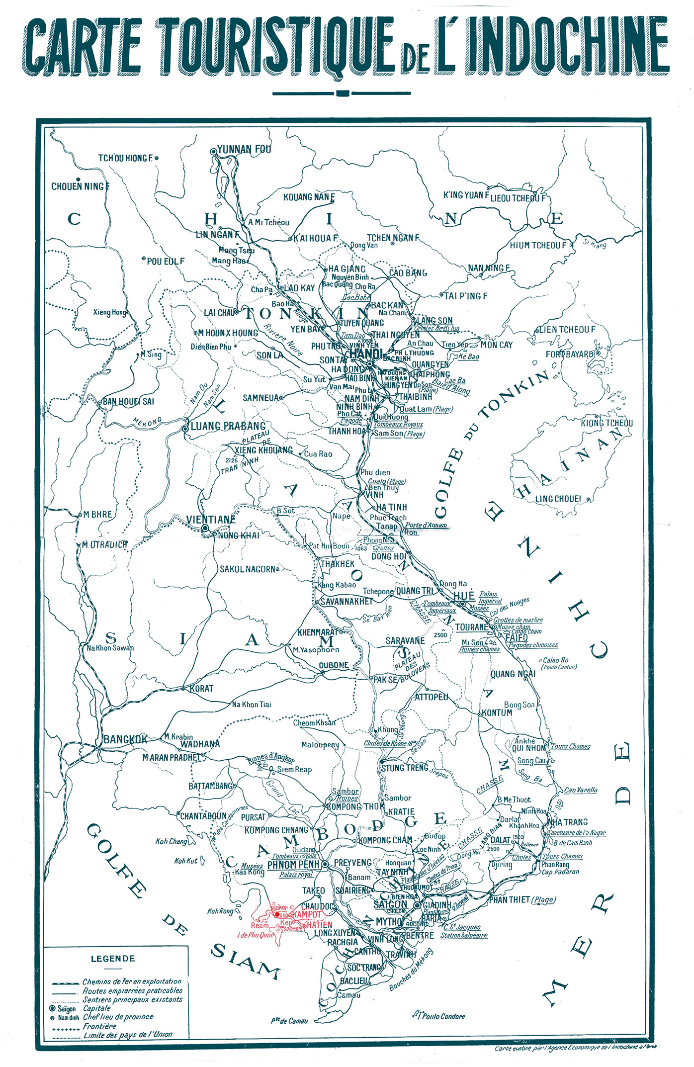 Carte touristique de l'Indochine. Indochine, renseignements sur les stations climatiques. 1936